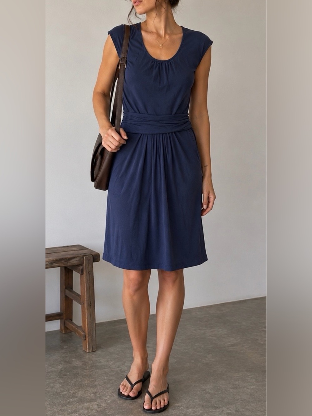 Boden Margot Jersey Knit Dress Size 14L Navy Scoop Neck Modal Ruched Waist